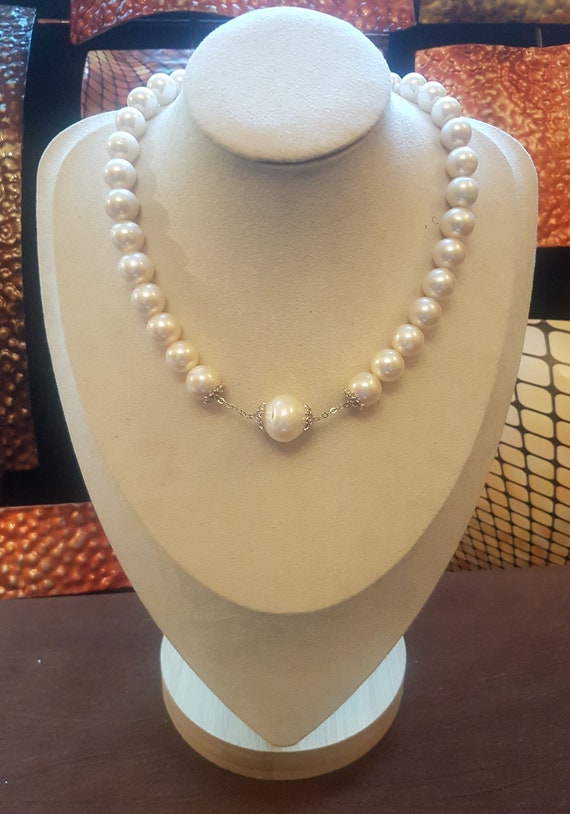 Freshwater pearl necklace. 12mm round  beads with large front baroque 20mm pearl. Anniversary & Weddings gift. Matching earrings available.