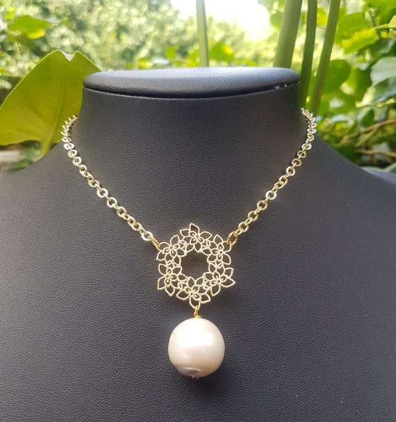 Beautiful baroque freshwater pearl pendant floral design pendant on chain. With earrings to match. Ideal wedding gift. Gift for her.