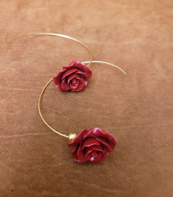 Large hoop earrings with roses.  60mm diameter approx. Sold as pair. Ideal love gift.