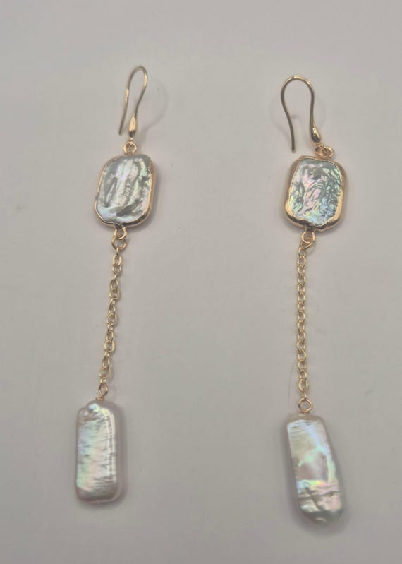 Baroque Pearl Drop Earrings: Gold Plated Brass, Long Dangle
