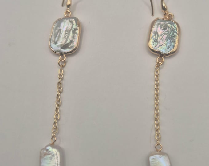 Baroque Pearl Drop Earrings: Gold Plated Brass, Long Dangle