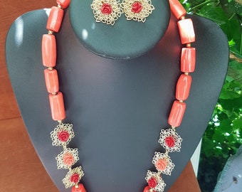 Salmon Coral Jewelry Set: Nigerian Wedding Necklace, Earrings, Bracelet