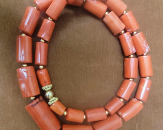 33" Salmon Coral Beaded Necklace: Nigerian Design