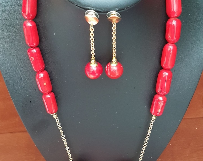Red Coral Jewelry Set: Nigerian Wedding Necklace, Earrings & Bracelet