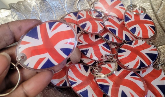 Union Jack key rings. Make into fun earrings or pendants for Queen's celebration of Life & burial/funeral. Fast dispatch from the UK.