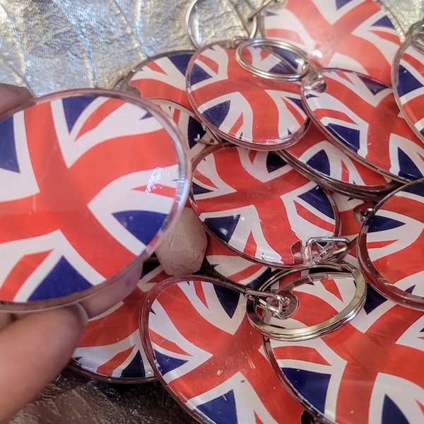 Union Jack key rings. Make into fun earrings or pendants for Queen's celebration of Life & burial/funeral. Fast dispatch from the UK.