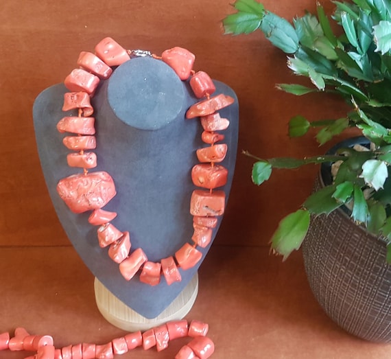 Awesome shapes pink coral barrel beads, Nigerian weddings, salmon coral beaded necklace. 20-inches long. Be different! Note: Shapes vary!!!