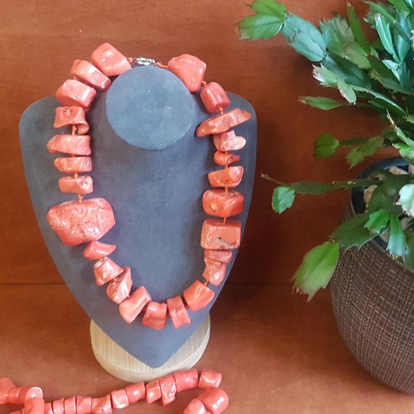 Awesome shapes Pink coral barrel beads, Nigerian traditional weddings,  salmon coral beaded necklace.  20-inches long. Be different!