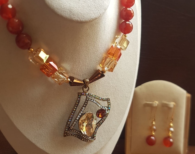 Carnelian Statement Necklace: Chunky Beads with Copper Crystal Pendant