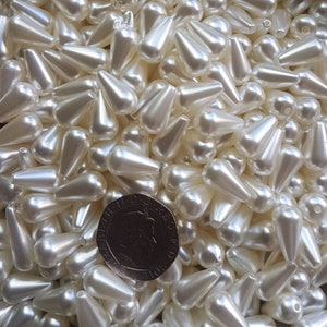 18×8mm Ivory teardrop pearl beads (10/25/50pk) 1.5mm hole for jewelry, flower sprays, vines and DIY & wedding craft and more. HALF-DRILLED!