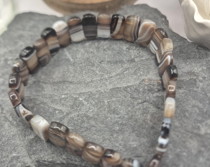 Banded Agate Bead Strand: Flat Gemstone Beads for Men's Bracelet