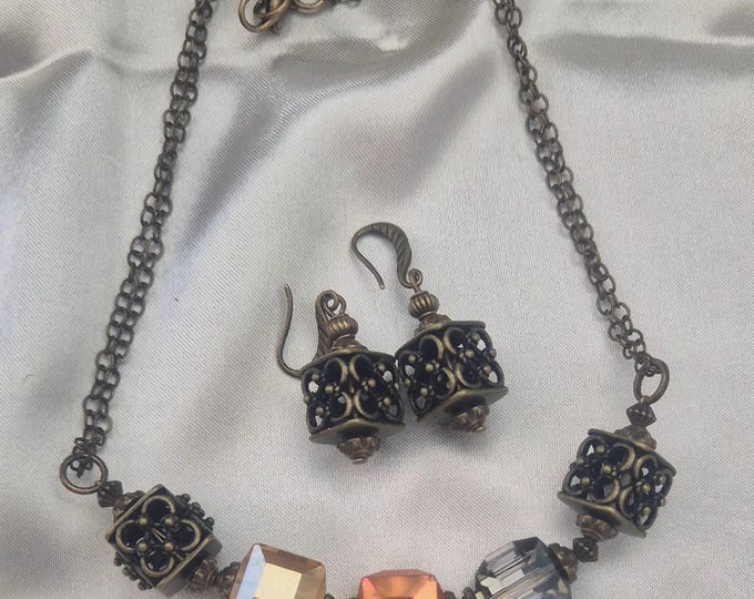 Crystal & Brass Necklace Set:  Elegant Antique Accents, 18 Inches long. Matching Earring.