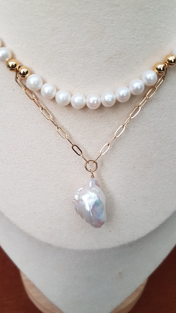AAA Aesthetic pearl 6mm necklace with large baroque pendant as front detail. Unique design. Wedding gift. Anniversary gift. REDUCED!!!