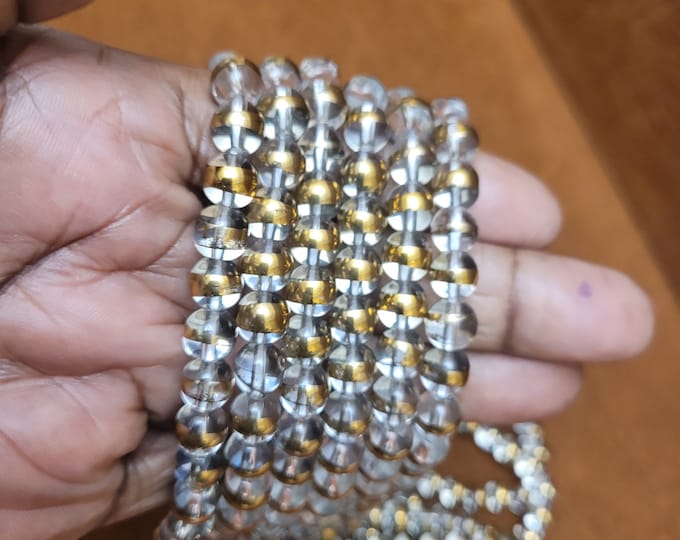 Vintage Clear Glass Beads with Antique Gold Lining (8mm, 14.5 inch Strand)