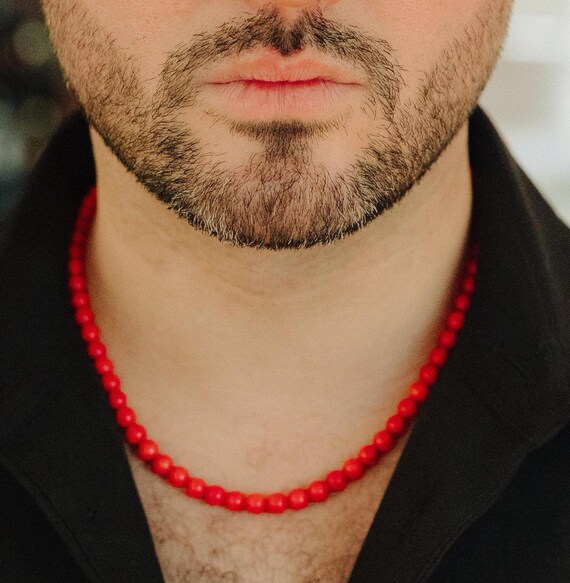 17" real red coral necklace. Polished, dyed, for men or women. Classic, simple & dynamic. Beads are 5 / 6mm. Gold or silver plated finish.