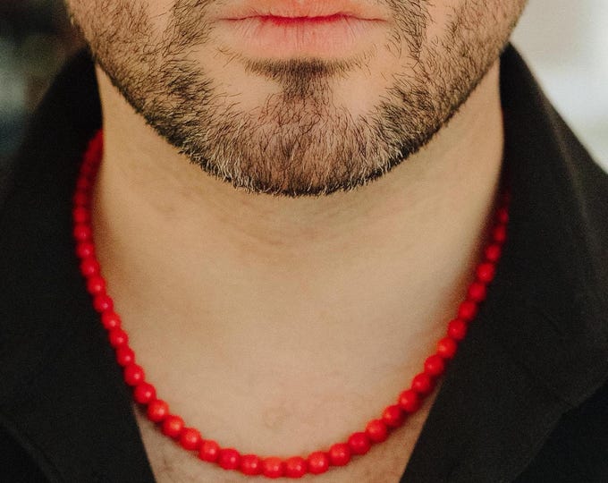 Red Coral Necklace: Polished Dyed Beads, Gold/Silver Finish