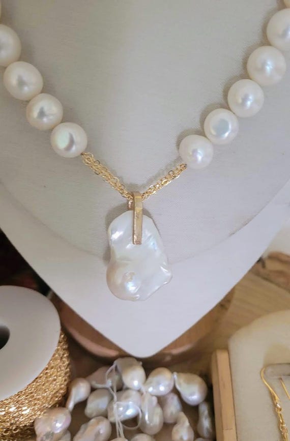 Pearl Necklace with Triple Gold Chain Detail, Unique 12mm Beaded Jewelry, Designer Statement Piece, Elegant & Stylish Gift