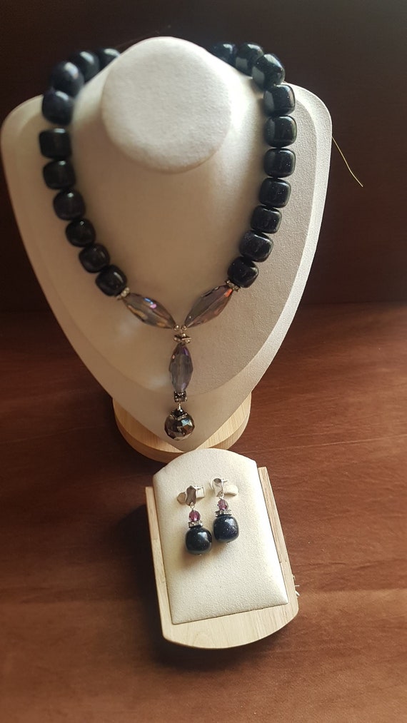 Blue goldstone  chunky beaded necklace. Vitrail and black shadow crystals. Huge striking pendant.