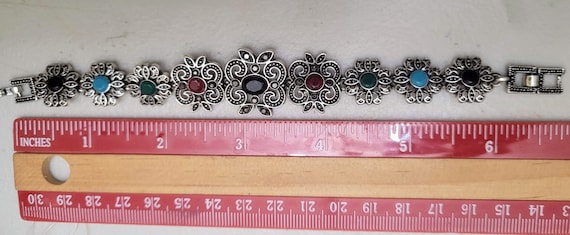 Retro bracelets. 7cm antique pewter effect with stone effects. Graduated design from before 1980s. One gold & red available.