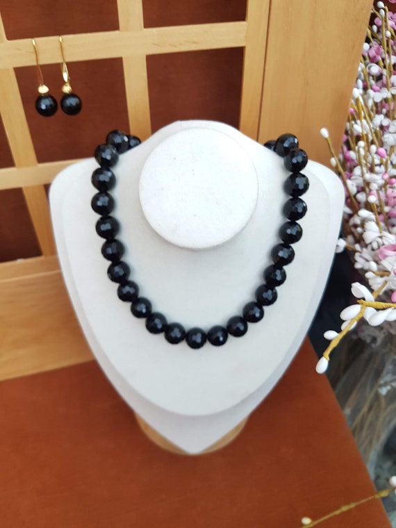 Black classic necklace. 15mm chunky faceted gemstone jewelry, for him or her. Get free earring with this necklace.