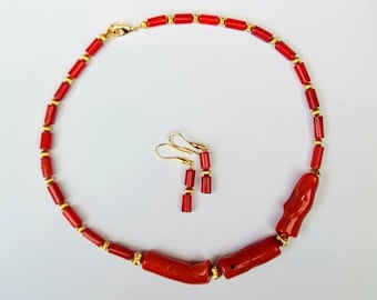 Red Coral Beaded Necklace Set: Classic Gold Accent Jewelry