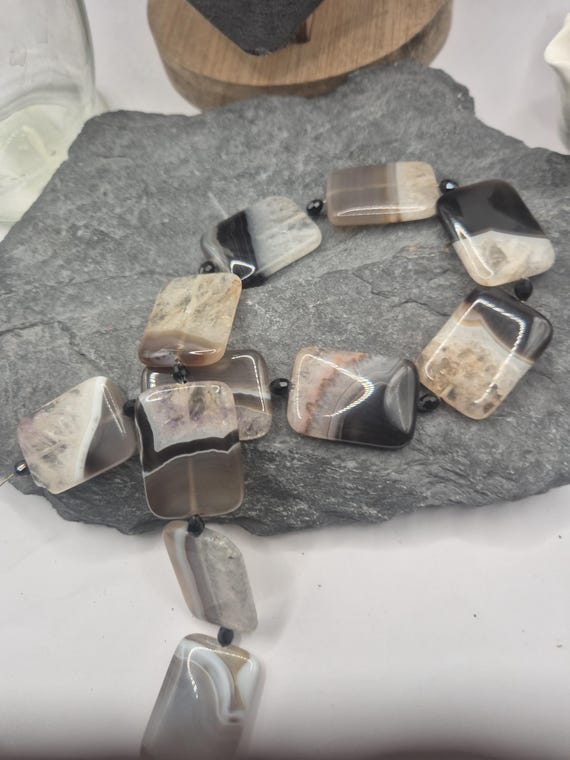 Black Agate Beads for designers. 30 x 22mm flat rectangles. Gorgeous vintage beads. For fine jewelry design.