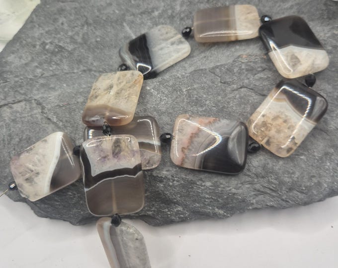 Vintage Black Agate Beads: 30x22mm Flat Rectangles