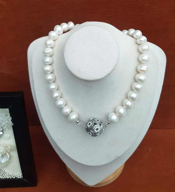Real freshwater pearl necklace with 25mm silver pendant ball statement pendant. Stunning & unique, beads are approx. 15mm. Gift for mum.