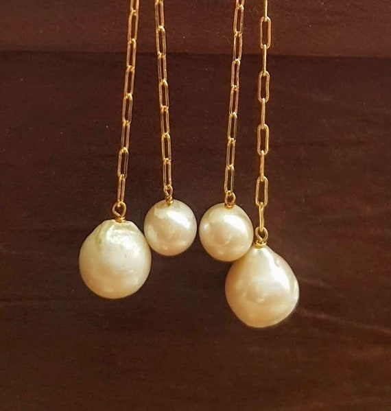 Pearl drop earrings, with baroque shapes, dangling dainty chain earrings.
