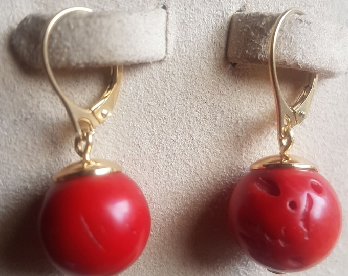14mm  Real red coral earrings. Simple and dynamic. Hooks are vermeil