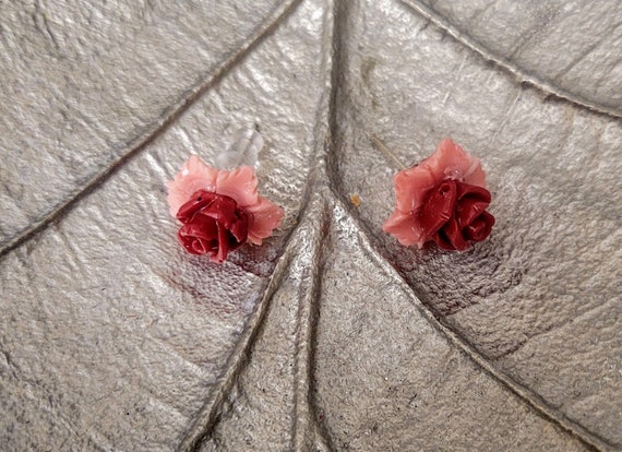 Dyed red & pink coral resin stud earrings. 14mm diameter. Unique earrings.