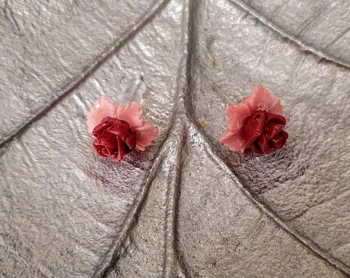 Dyed red & pink coral resin stud earrings. 14mm diameter. Unique earrings.