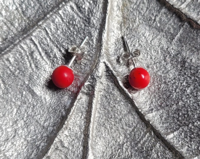 Dyed red coral stud earrings. 6mm diameter.