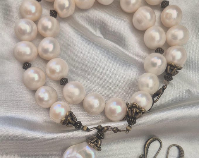 Baroque Pearl Pendant Necklace: Ivory Freshwater Pearls, Antique Findings, Statement Pendant