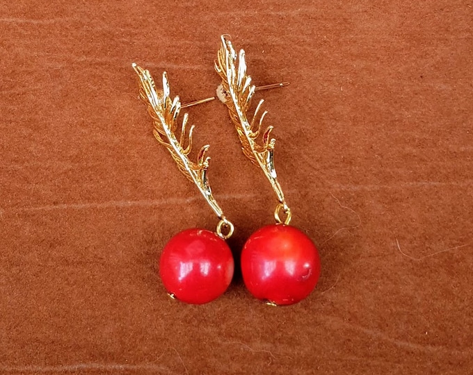 Red Coral Ball Pendant & Earring Set with Gold Chain