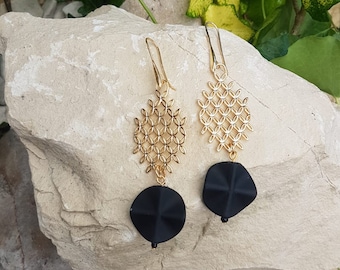 Black Acrylic Dangle Earrings: Gold Plated Grill Statement Earrings
