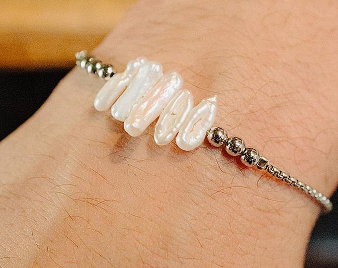 Baroque Pearl Bracelet for Men, Adjustable Length