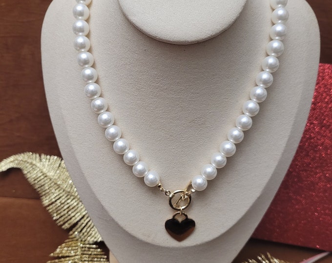 Ivory Pearl Beaded Necklace with Heart Toggle & Stud Earrings