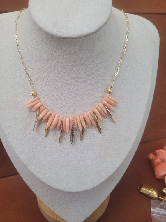 Pink coral polished chips, Nigerian traditional weddings,  salmon coral beaded necklace. 3-tone gold embelishment