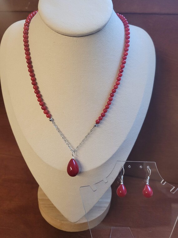 Real red coral beaded necklace with pendant. Simple and dynamic. Round beads are 6mm. (Free Earrings included)