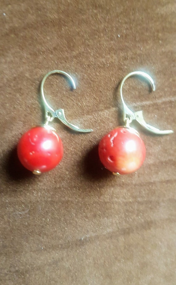14mm  Real red coral earrings. Simple and dynamic. Hooks are vermeil