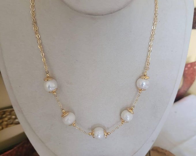 Gold Pearl Necklace: 17" Brass Chain with Capped 12mm Pearls