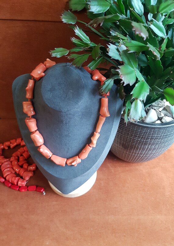 Awesome shapes Pink coral barrel beads, Nigerian traditional weddings,  salmon coral beaded necklace.  18-inches long. Be different!