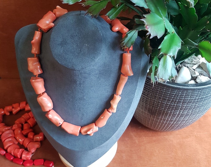 Salmon Coral Barrel Bead Necklace: Nigerian Wedding Jewelry, 18-inch