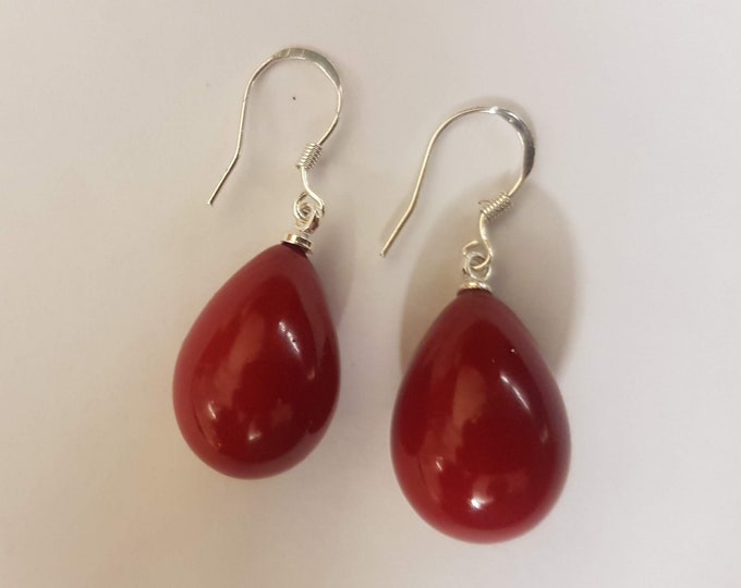 Dyed Red Shell Teardrop Earrings: 925 Sterling Silver Hooks