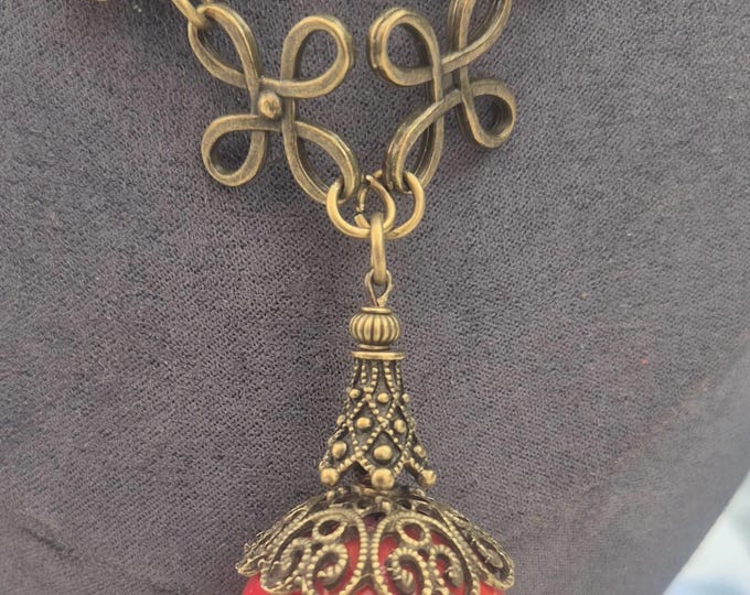 Red Coral & Brass Necklace Set:  Elegant Antique Accents, 18 Inches long. Matching Earring.