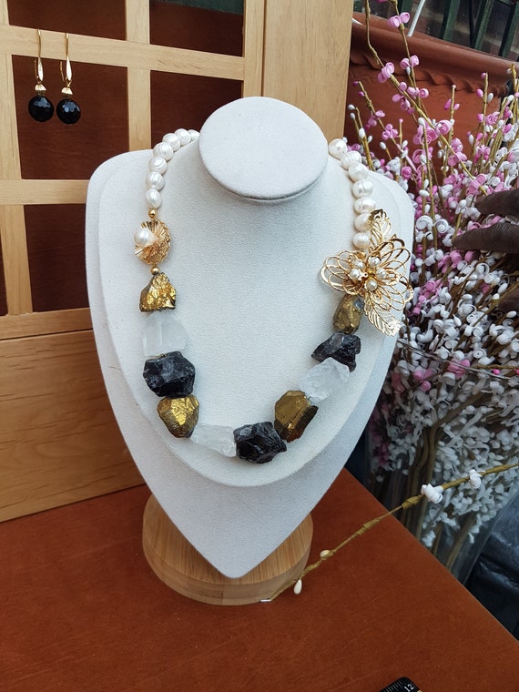 Statement necklace. Pearl & gemstone unique piece. Double pendant detail on either side. Only one made. Ideal wedding gift. Boxed for you