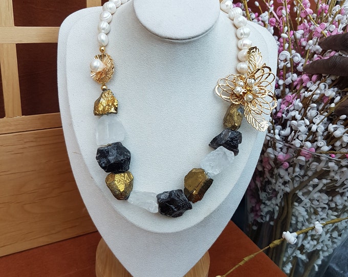 Pearl Gemstone Statement Necklace: Unique Double Pendant, One of a Kind