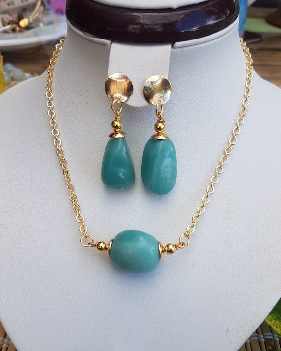 Blue-green aventurine nugget bead and gold plated set. Earring and necklace. Gift boxed for her.