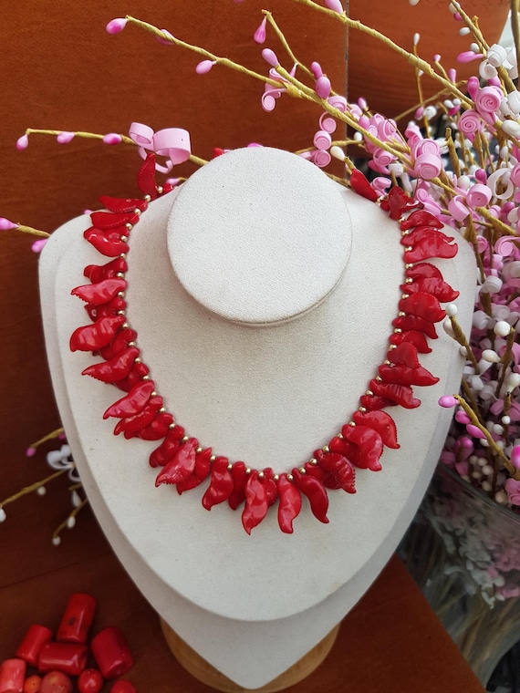 16" distinctive coral beaded necklace. Rare shape. This Beautiful and vibrant piece of jewelry oozes elegance and tradition.